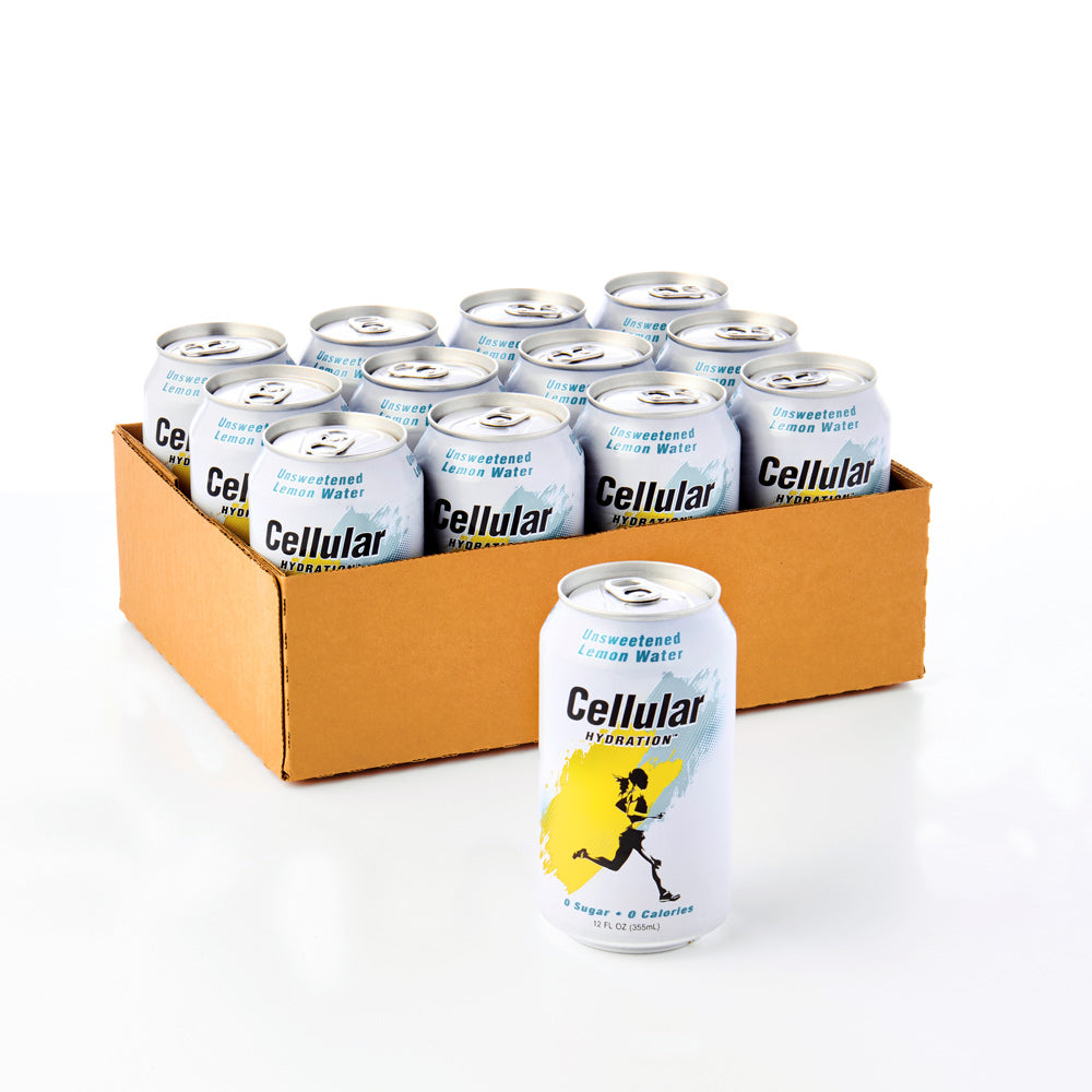 Can of Unsweetened Cellular Hydration in front of a 12-pack