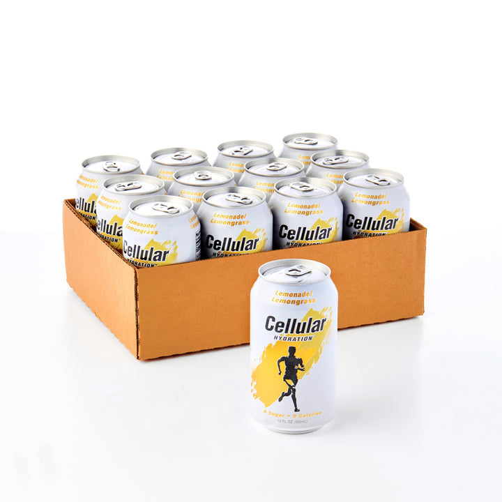 Can of Sweetened Cellular Hydration in front of a 12-pack