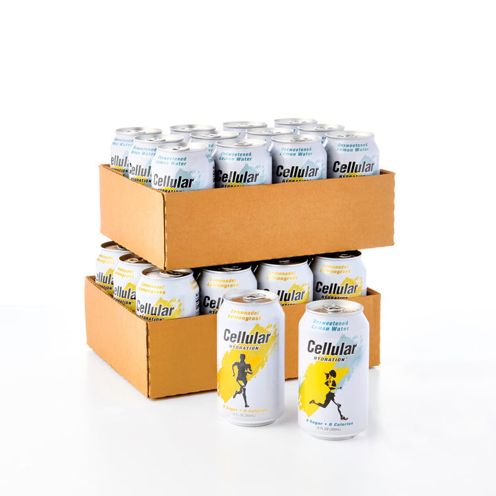 Cans of Unsweetened and Sweetened Cellular Hydration in front of two 12-packs