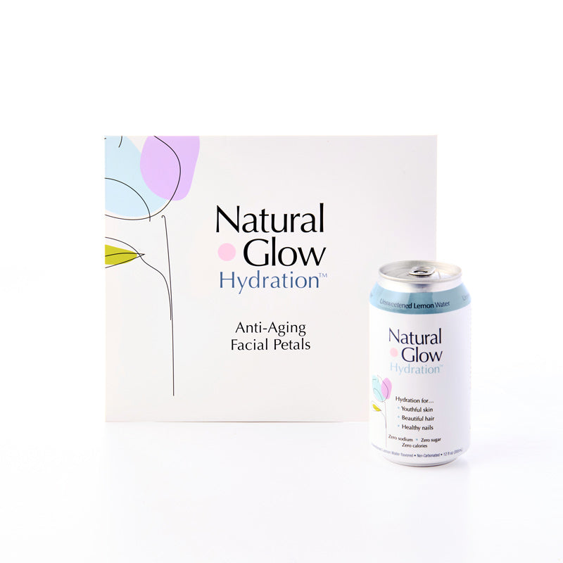 Can of Unsweetened Lemon Water flavor Natural Glow with pack of Anti-Aging Facial Petals on white background