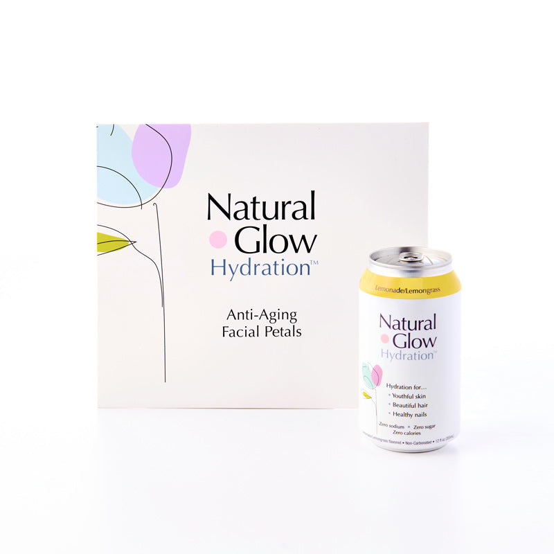 Can of Lemonade / Lemongrass flavor Natural Glow with pack of Anti-Aging Facial Petals on white background