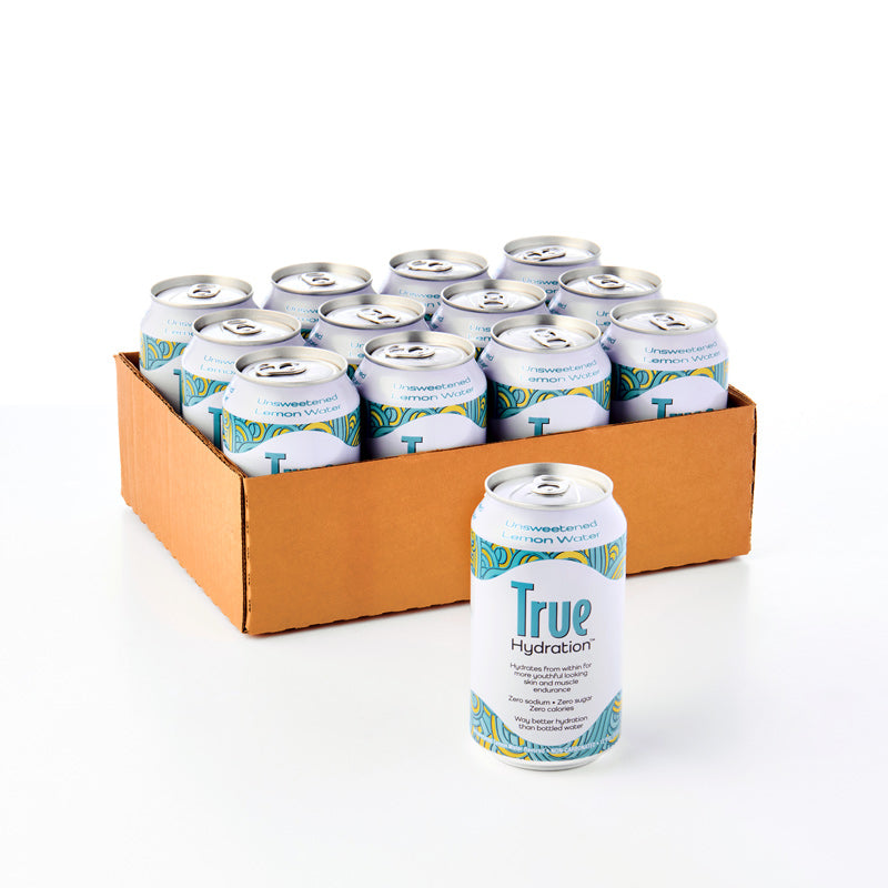 True Hydration Unsweetened Lemon Water Can in front of 12 pack in box