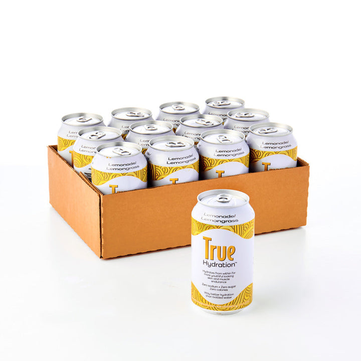 True Hydration Lemonade / Lemongrass Can in front of 12 pack in box