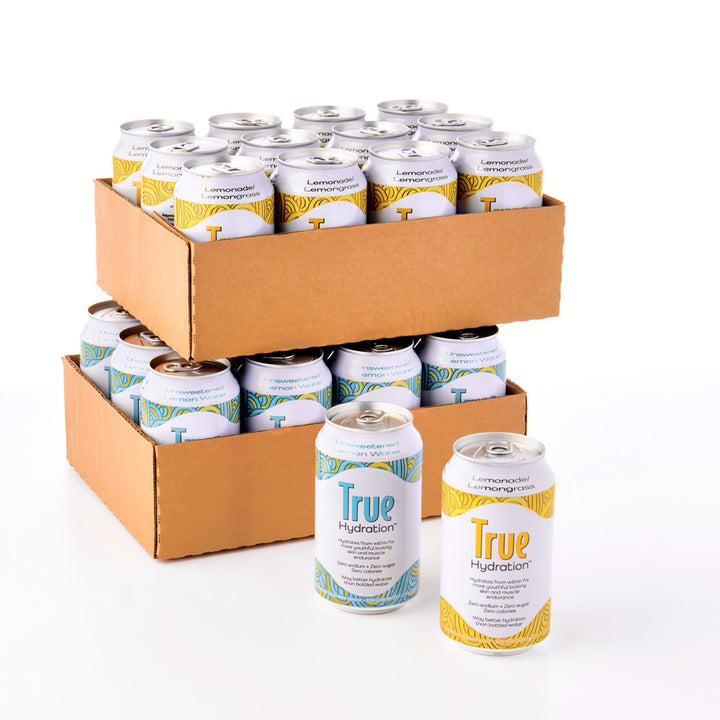 Cans of Unsweetened and Sweetened True Hydration in front of two 12-packs