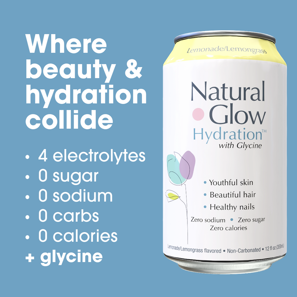 Can of Lemonade / Lemongrass flavor Natural Glow Hydration next to text: Where beauty & hydration collide. 4 electrolytes, 0 sugar, 0 sodium, 0 carbs, 0 calories, + glycine