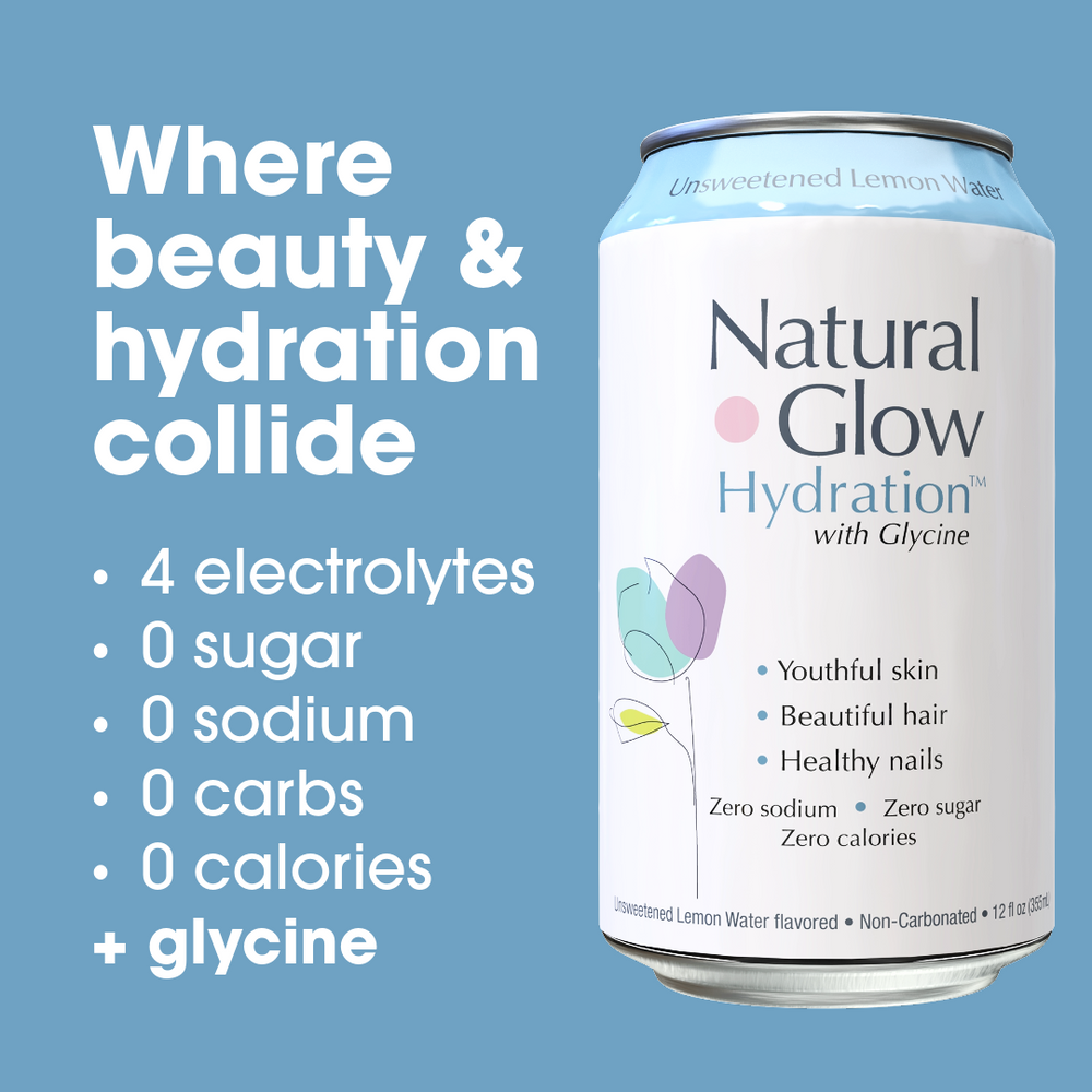 Can of Unsweetened Lemon Water flavor Natural Glow Hydration next to text: Where beauty & hydration collide. 4 electrolytes, 0 sugar, 0 sodium, 0 carbs, 0 calories, + glycine