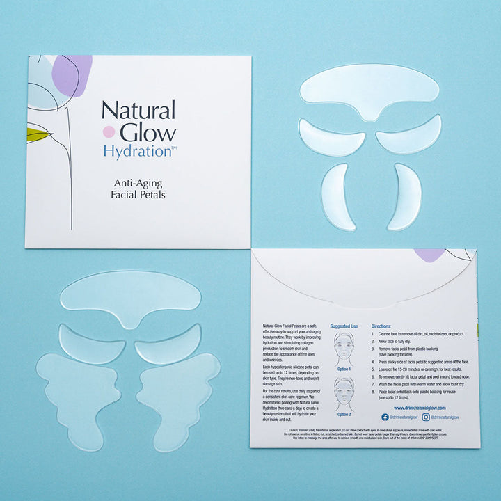 Flat-lay image of Natural Glow Hydration Facial Petals on blue background with front and back of packaging