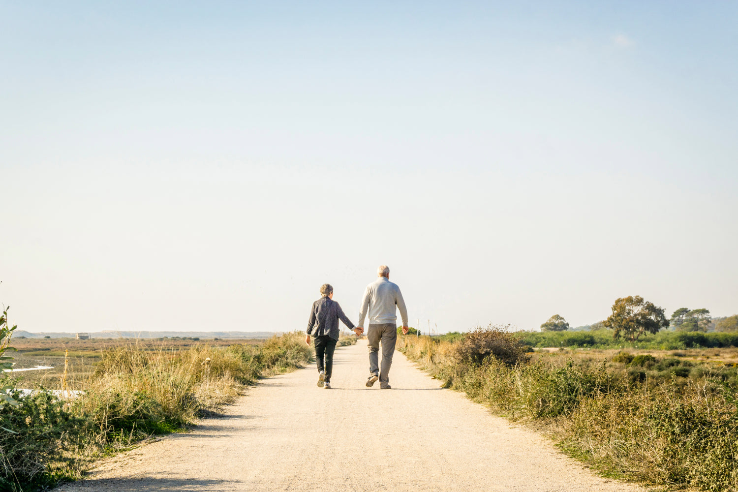 Old couple holding hands walking along a natural path